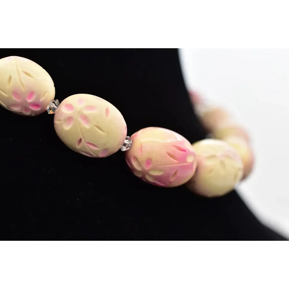 Vintage Flower Carved Beaded Choker Collar Necklace Egg Pink AB Crystal BinBD
